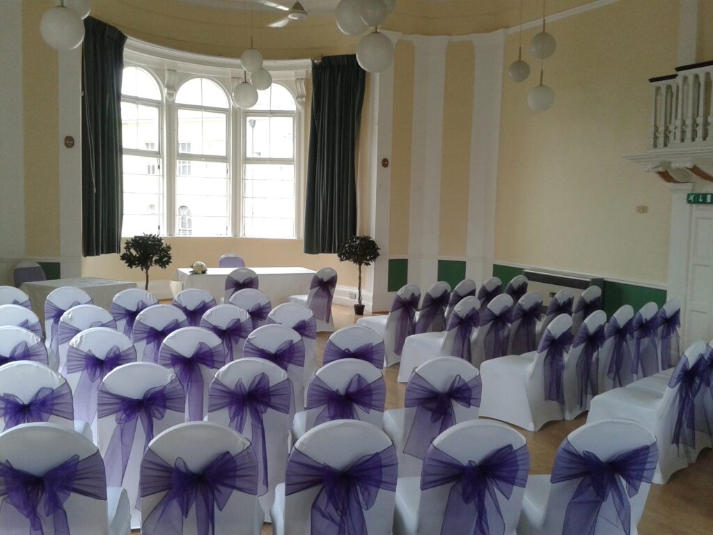 Lutterworth Town Hall Civil Wedding Service, Purple Sash Chairs
