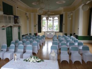 Lutterworth Town Hall Civil Wedding Service, Green Sash Chairs